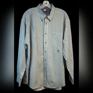 Tommy Hilfiger Vintage Green/White Striped Button Down Shirt Mens XL